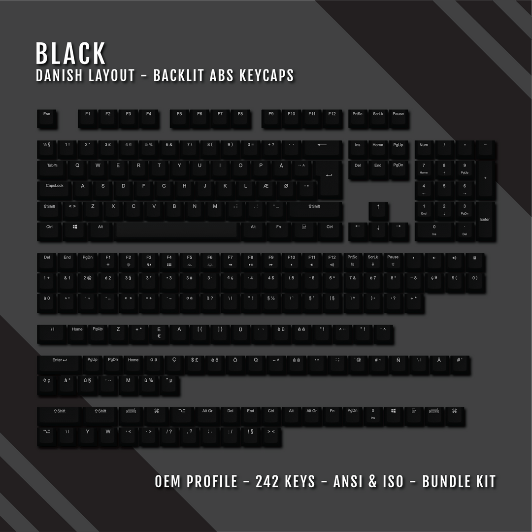 Black Danish (ISO-DK) Backlit ABS Keycaps for Windows & Mac Krome Keycaps LTD danish