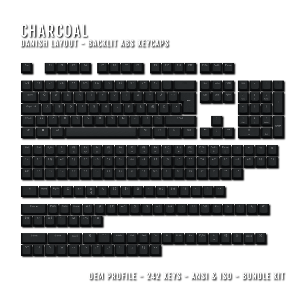 Charcoal Backlit Danish Keycaps - ISO-DK - Windows & Mac - kromekeycaps