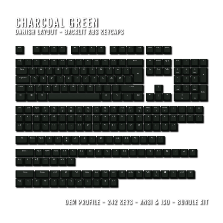 Charcoal Green Backlit Danish Keycaps - ISO-DK - Windows & Mac - kromekeycaps
