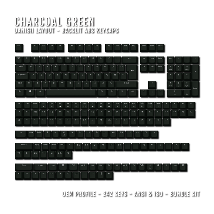 Charcoal Green Danish (ISO-DK) Backlit ABS Keycaps for Windows & Mac Krome Keycaps LTD danish