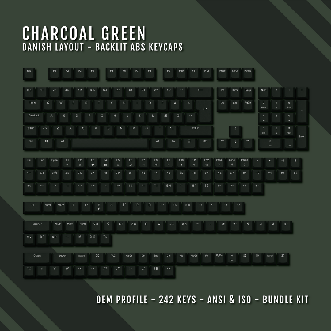 Charcoal Green Backlit Danish Keycaps - ISO-DK - Windows & Mac - kromekeycaps