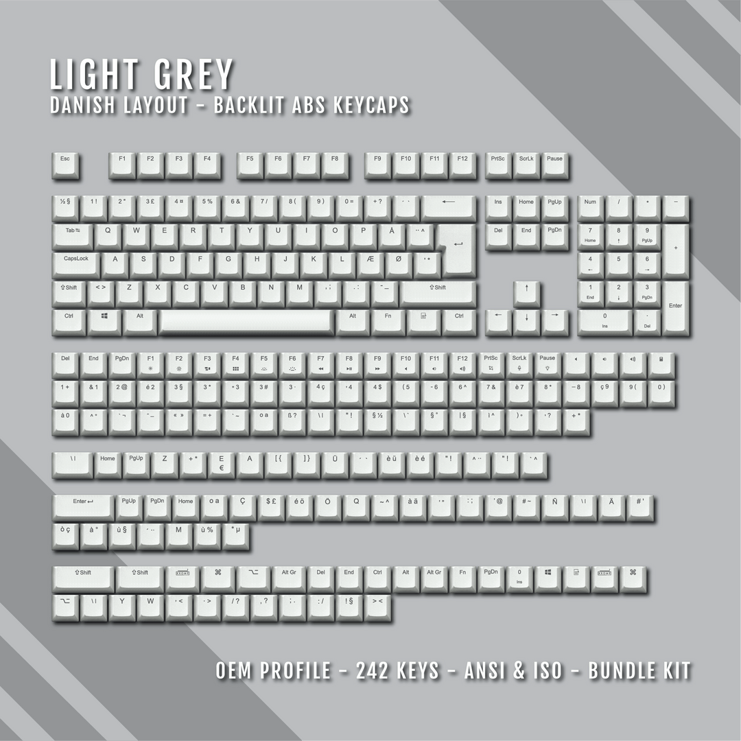 Light Grey Backlit Danish Keycaps - ISO-DK - Windows & Mac - kromekeycaps