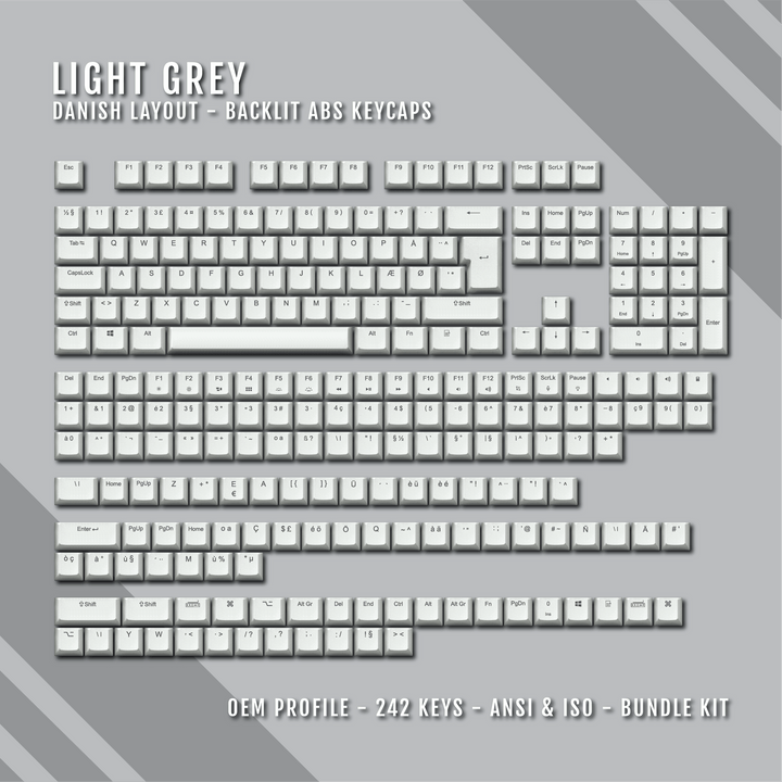 Light Grey Danish (ISO-DK) Backlit ABS Keycaps for Windows & Mac Krome Keycaps LTD danish