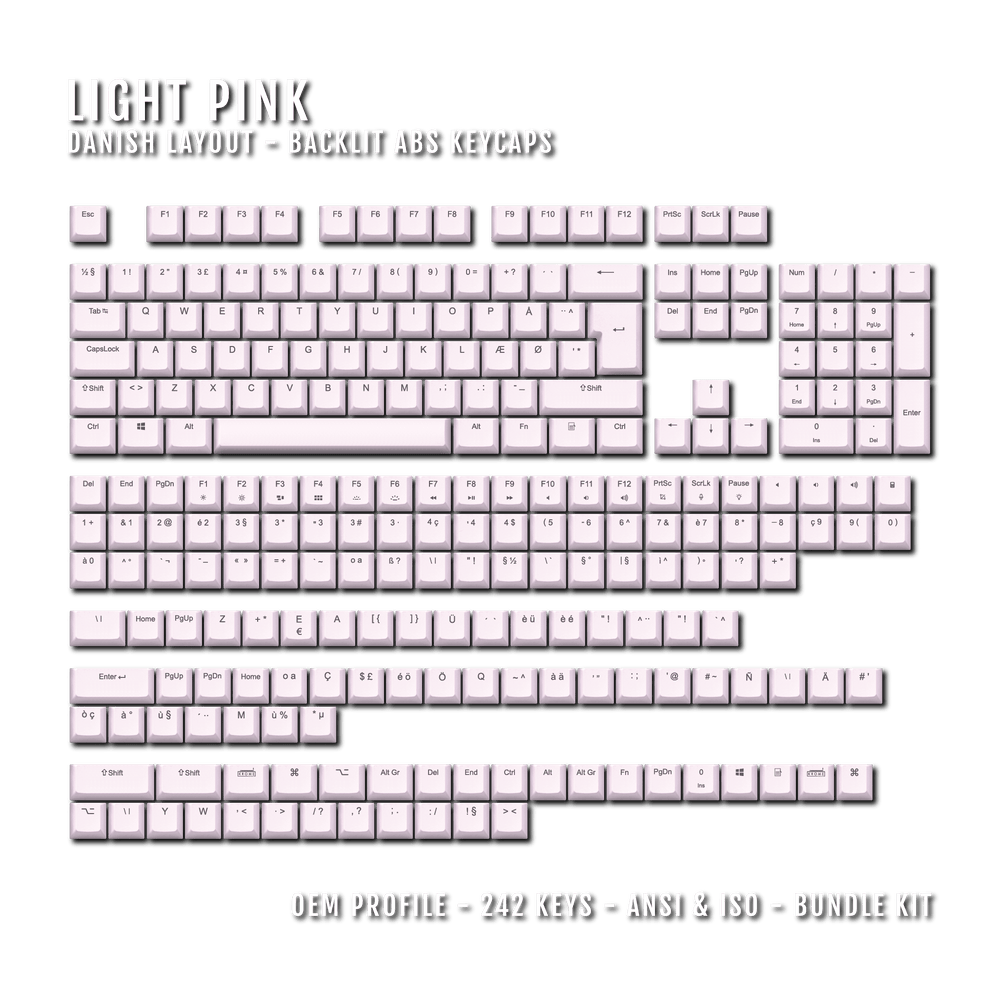 Light Pink Backlit Danish Keycaps - ISO-DK - Windows & Mac - kromekeycaps