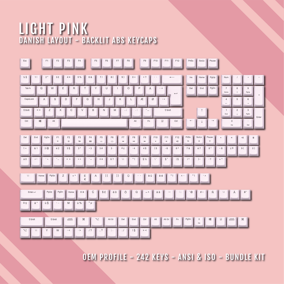 Light Pink Danish (ISO-DK) Backlit ABS Keycaps for Windows & Mac Krome Keycaps LTD danish