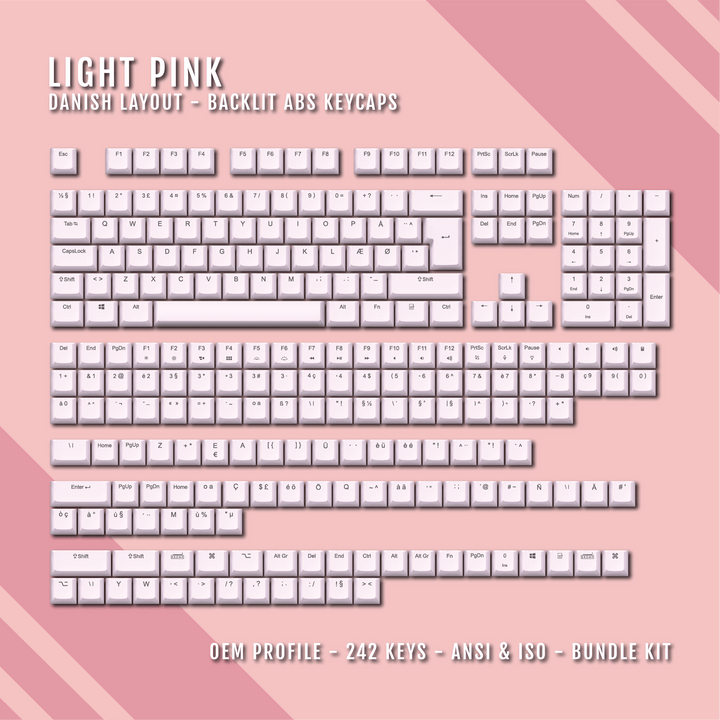 Light Pink Danish (ISO-DK) Backlit ABS Keycaps for Windows & Mac Krome Keycaps LTD danish