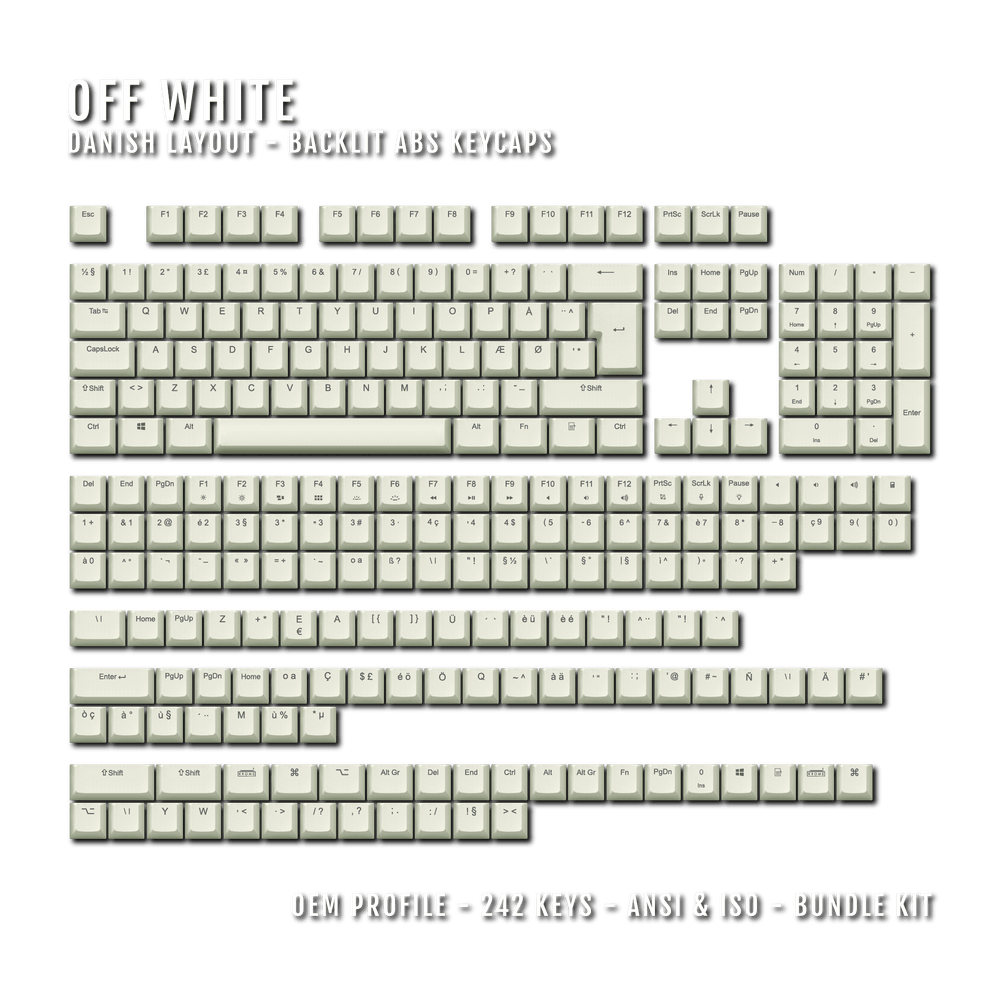 Off White Backlit Danish Keycaps - ISO-DK - Windows & Mac - kromekeycaps