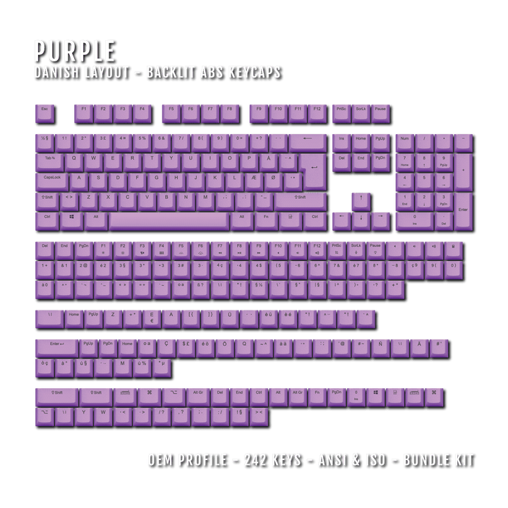 Purple Danish (ISO-DK) Backlit ABS Keycaps for Windows & Mac