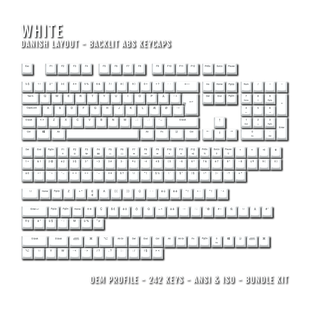 White Backlit Danish Keycaps - ISO-DK - Windows & Mac - kromekeycaps