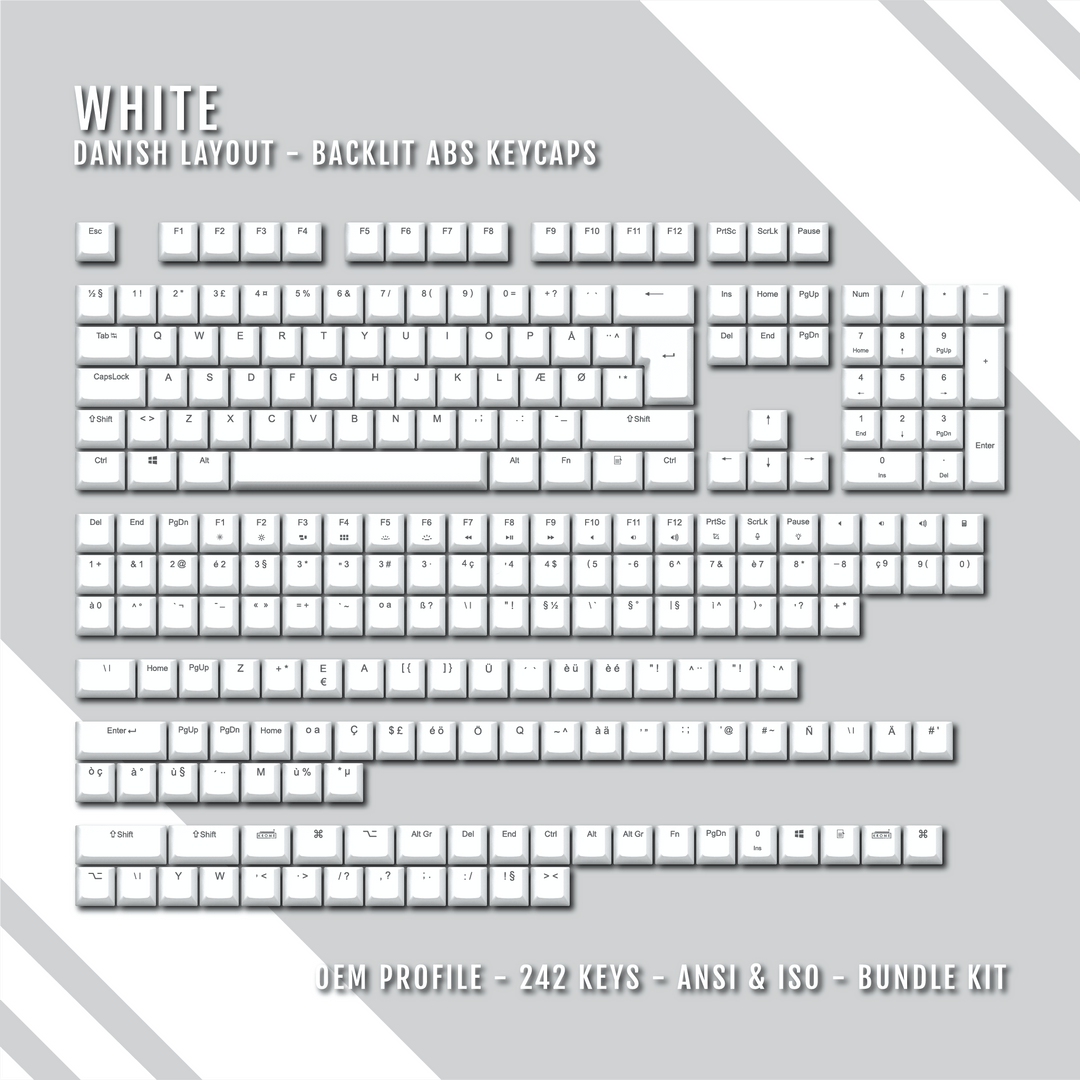 White Danish (ISO-DK) Backlit ABS Keycaps for Windows & Mac Krome Keycaps LTD danish