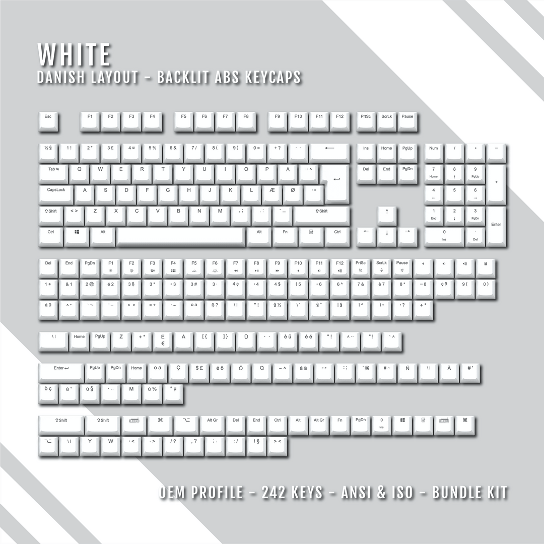 White Backlit Danish Keycaps - ISO-DK - Windows & Mac - kromekeycaps