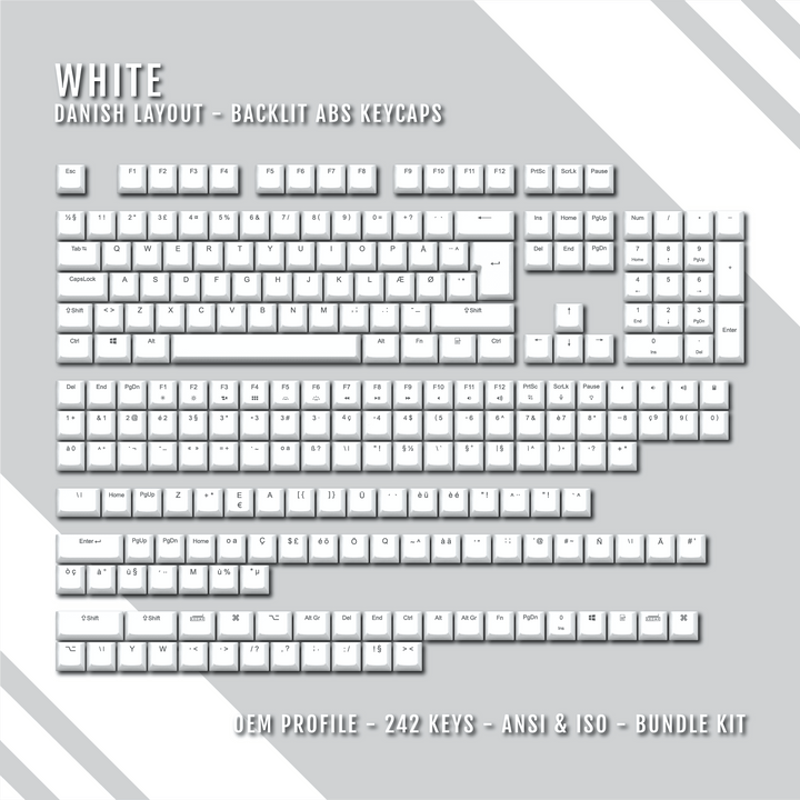 White Danish (ISO-DK) Backlit ABS Keycaps for Windows & Mac Krome Keycaps LTD danish
