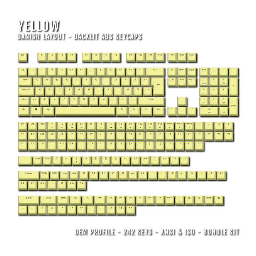 Yellow Backlit Danish Keycaps - ISO-DK - Windows & Mac - kromekeycaps