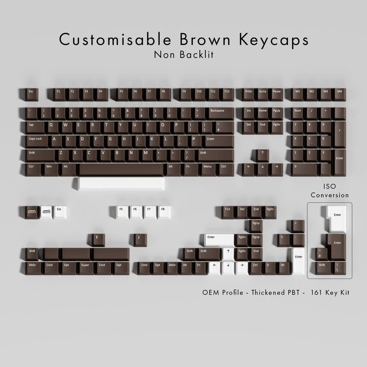 Set of customisable brown keycaps on a gray background