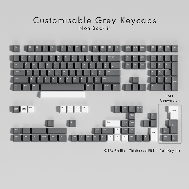 An array of grey, non-backlit, customizable PBT keycaps for mechanical keyboards displayed in various keyboard profiles.