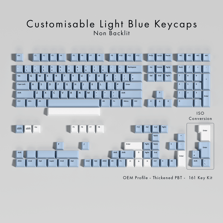 Customisable light blue PBT keycaps displayed in various shapes and sizes for a keyboard, including ISO conversion keys, in a non-backlit condition.