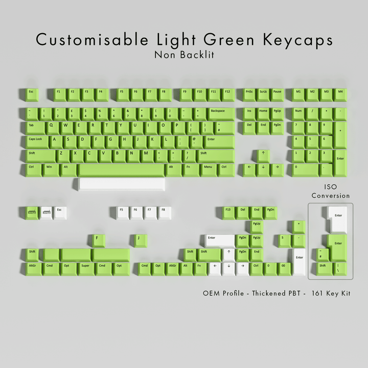 A set of customisable light green PBT keycaps displayed in various keyboard layouts, including ISO and OEM profiles, with the text 'Customisable Light Green Keycaps Non Backlit' on the top.