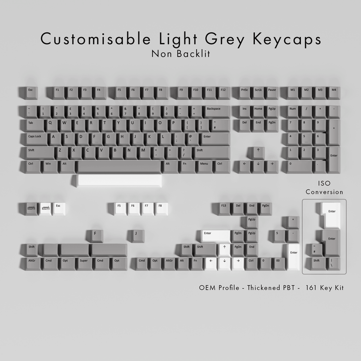 A set of customisable light grey PBT keycaps displayed in various keyboard layouts, including ISO and OEM profiles, with the text 'Customisable Light Grey Keycaps Non Backlit' on the top.