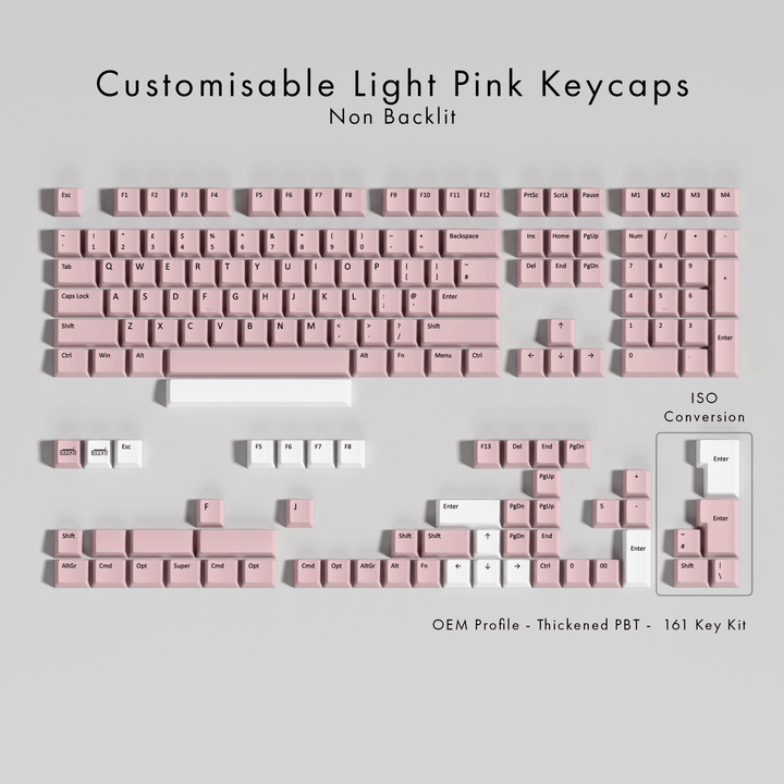 Set of customisable light pink PBT keycaps displayed in various keyboard layouts, including ISO conversion keys, OEM profile, and thick PBT material.