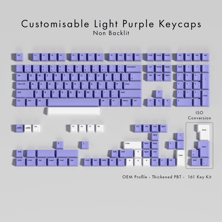 A set of customisable light purple PBT keycaps displayed in various keyboard positions, including ISO and OEM profiles.