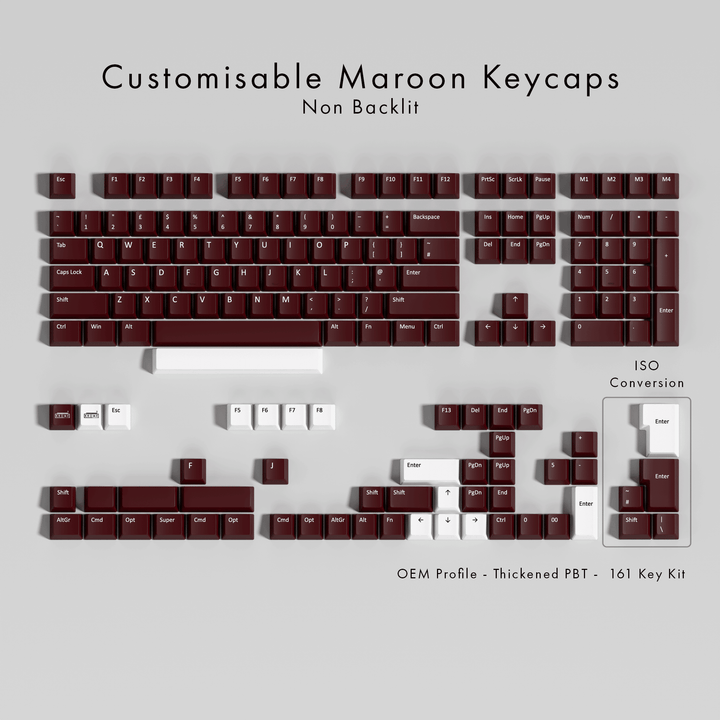 Customisable maroon PBT keycaps displayed in various keyboard layouts, with ISO conversion and OEM profile specifications.