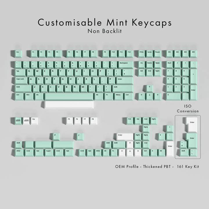 A set of customisable mint-colored PBT keycaps displayed in various keyboard layouts, including ISO conversion keys, OEM profile, and a 101 key kit configuration.