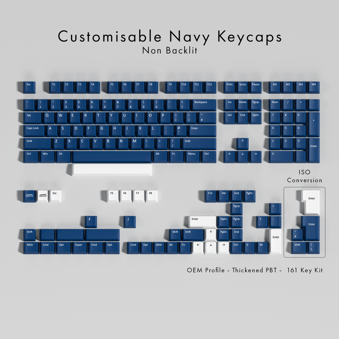 Set of customisable navy keycaps on a gray background