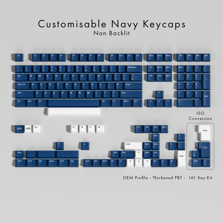 Set of customisable navy keycaps on a gray background
