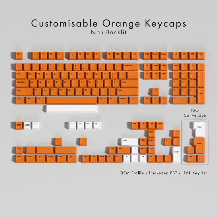 An array of orange PBT keycaps arranged in a pattern to form a keyboard layout, accompanied by individual keycap profiles for ISO conversion, OEM profile, and thickness.