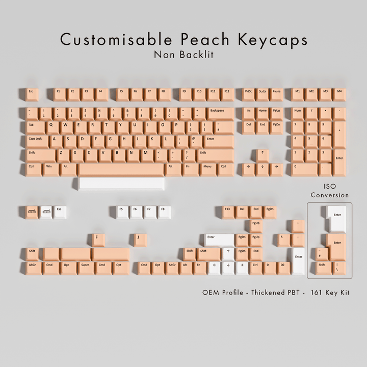 Set of customisable peach keycaps on a gray background
