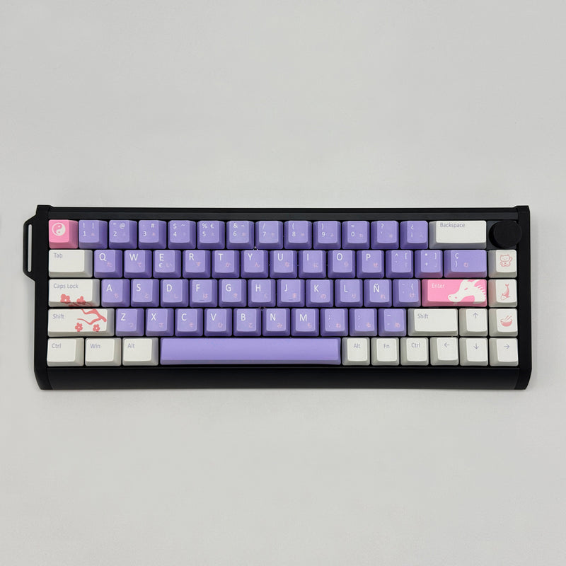 ENTER JAPAN QWERTY PBT keycaps on a mechanical keyboard, featuring OEM profile keys with Purple, White and Pink Keycaps