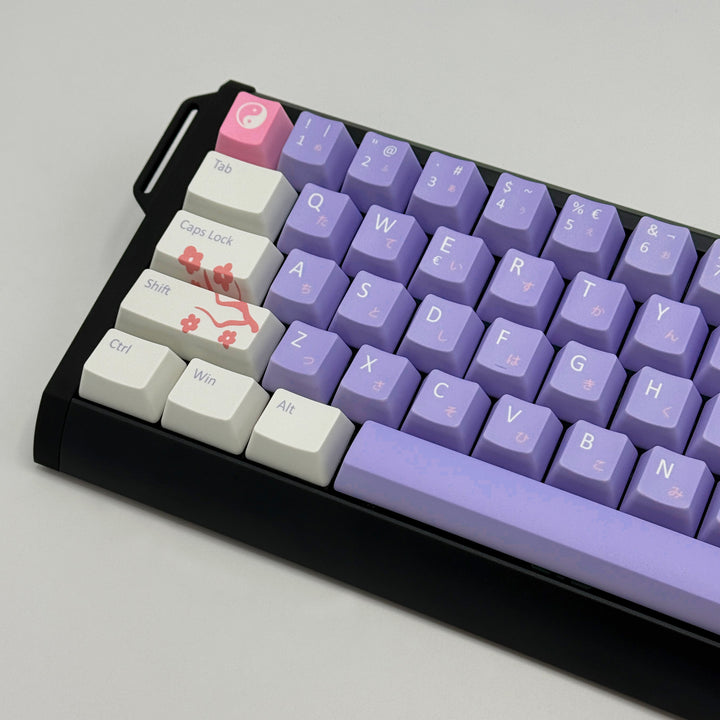 ENTER JAPAN QWERTY PBT keycaps on a mechanical keyboard, featuring OEM profile keys with Purple, White and Pink Keycaps