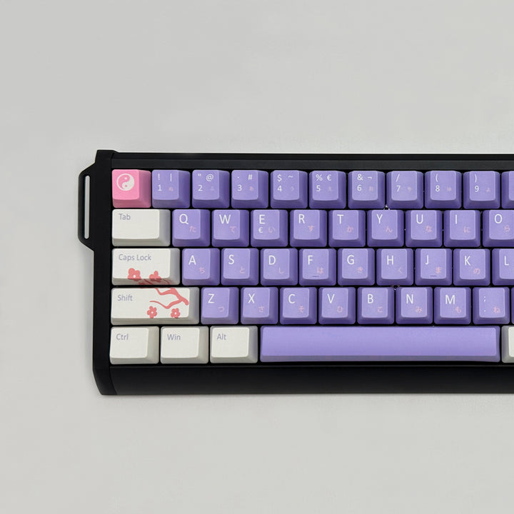 ENTER JAPAN QWERTY PBT keycaps on a mechanical keyboard, featuring OEM profile keys with Purple, White and Pink Keycaps