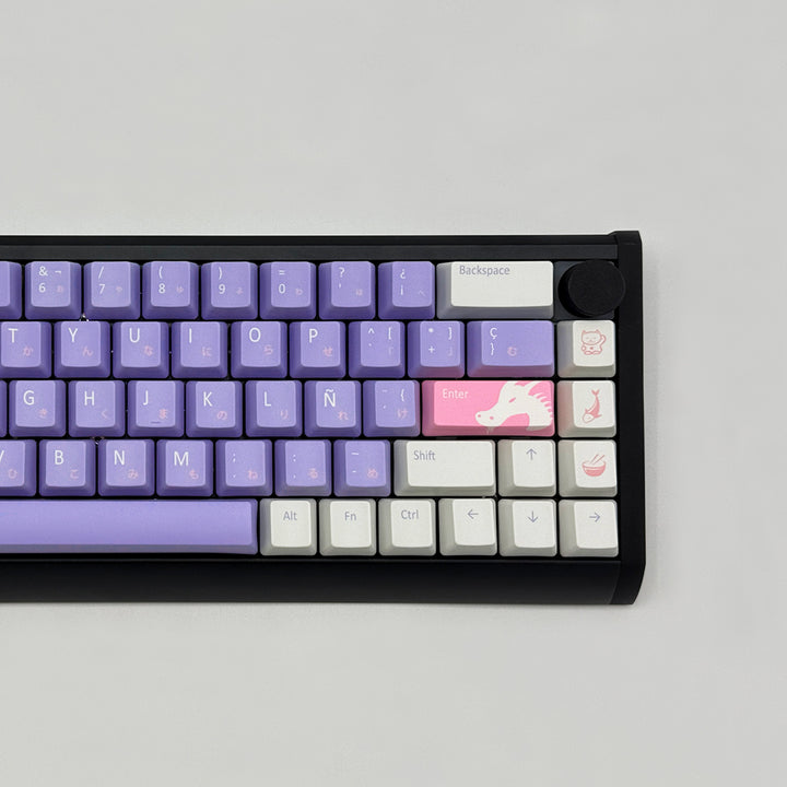 ENTER JAPAN QWERTY PBT keycaps on a mechanical keyboard, featuring OEM profile keys with Purple, White and Pink Keycaps