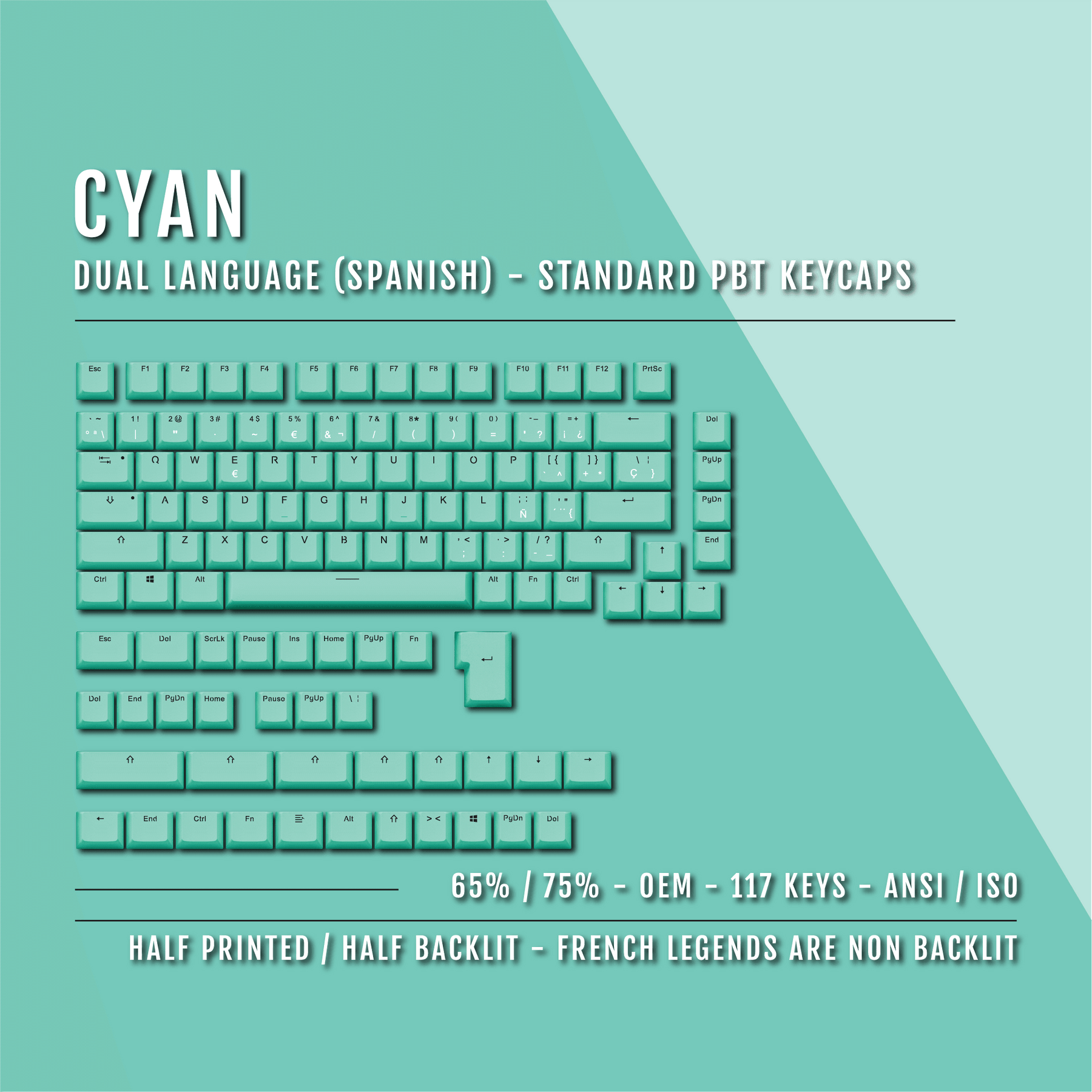 Spanish Key Set Cyan Spanish (ISO-ES) Dual Language PBT Keycaps - 65/75% – Krome ...
