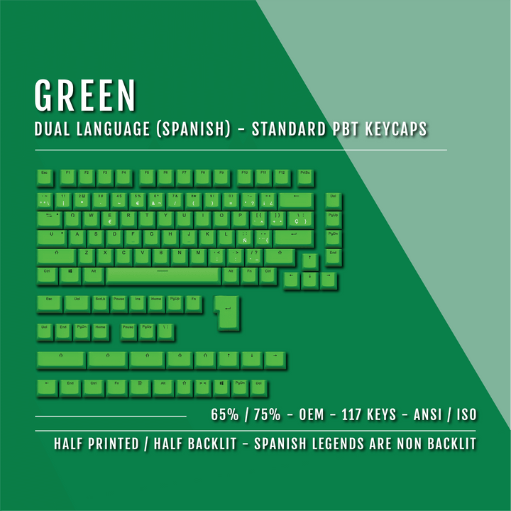 Green Spanish (ISO-ES) Dual Language PBT Keycaps - 65/75% Krome Keycaps LTD spanish