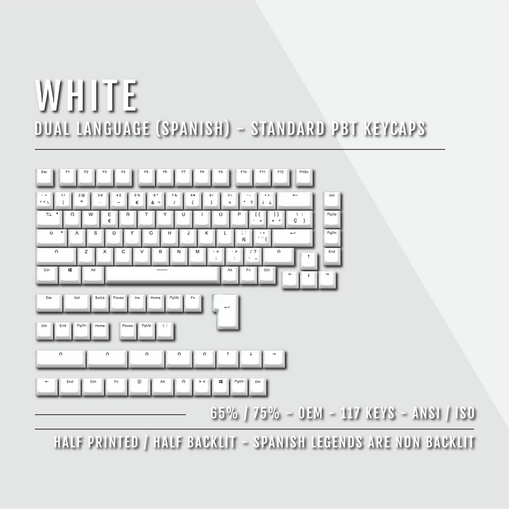 White PBT Spanish Keycaps - ISO-ES - 65/75% Sizes - Dual Language Keycaps - kromekeycaps
