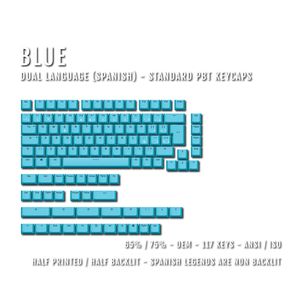 Blue PBT Spanish Keycaps - ISO-ES - 65/75% Sizes - Dual Language Keycaps - kromekeycaps