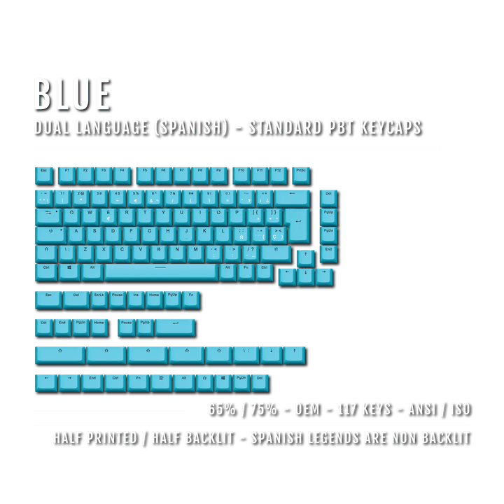 Blue Spanish (ISO-ES) Dual Language PBT Keycaps - 65/75% Krome Keycaps LTD spanish