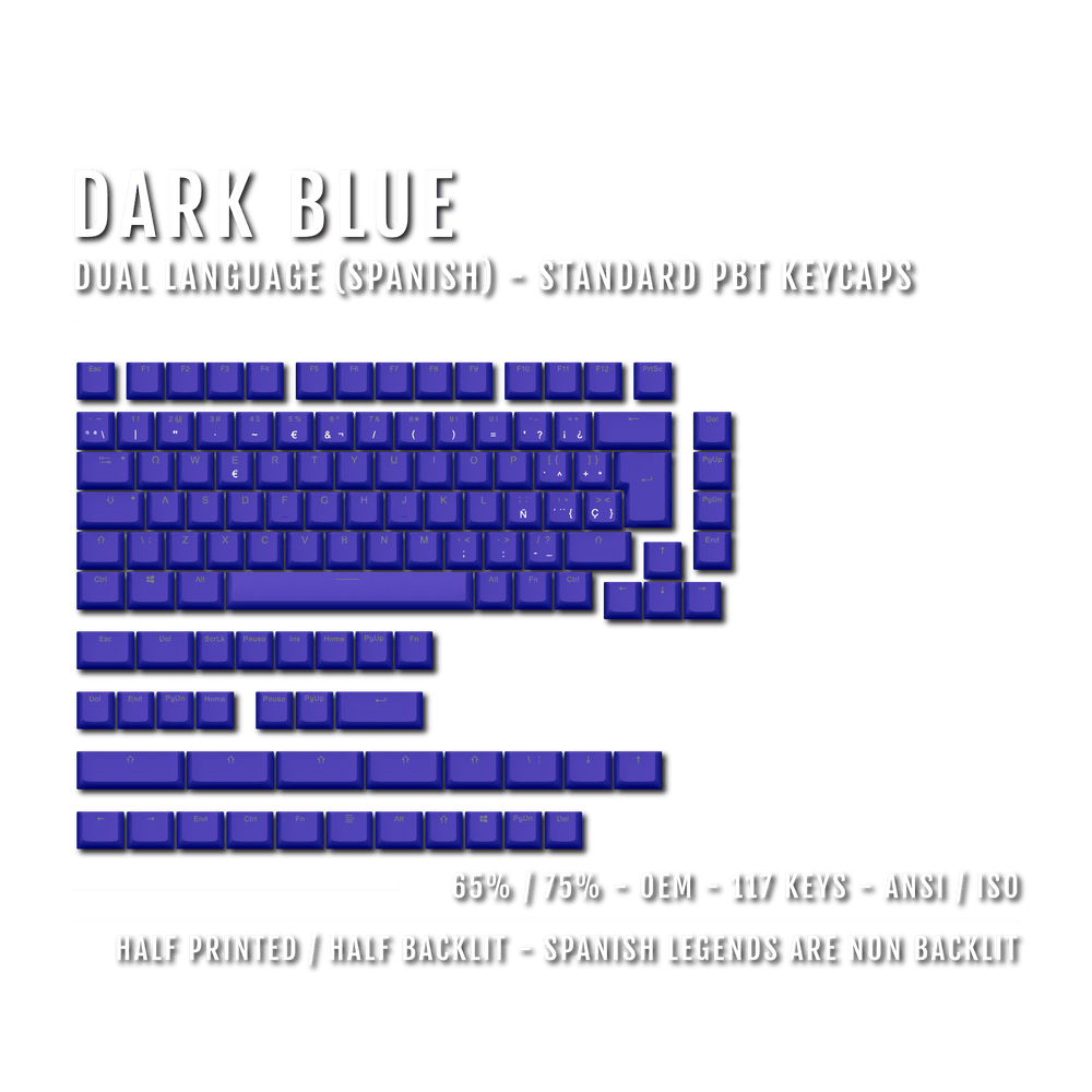 Dark Blue PBT Spanish Keycaps - ISO-ES - 65/75% Sizes - Dual Language Keycaps - kromekeycaps
