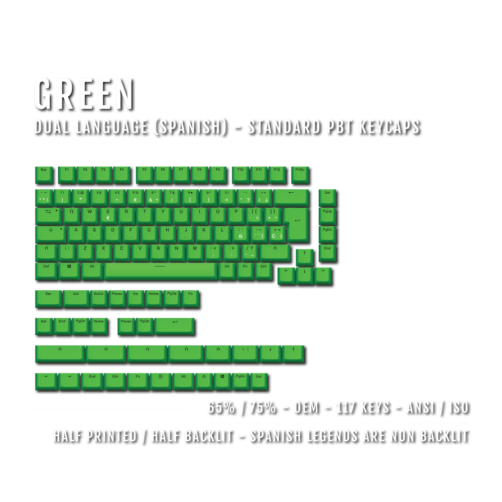 Green Spanish (ISO-ES) Dual Language PBT Keycaps - 65/75% Krome Keycaps LTD spanish