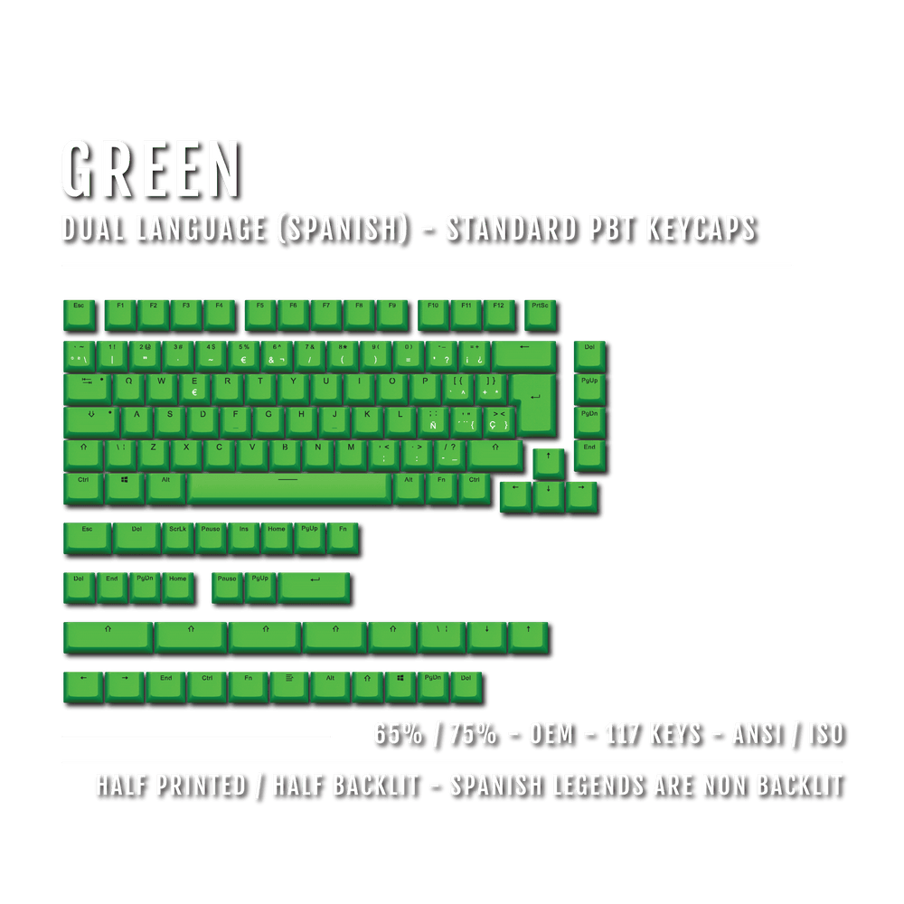 Green PBT Spanish Keycaps - ISO-ES - 65/75% Sizes - Dual Language Keycaps - kromekeycaps