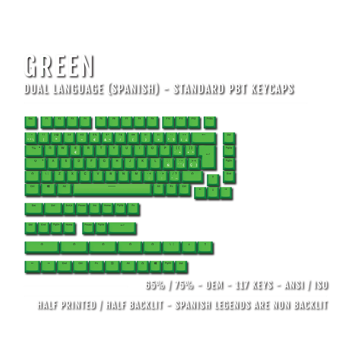 Green Spanish (ISO-ES) Dual Language PBT Keycaps - 65/75% Krome Keycaps LTD spanish