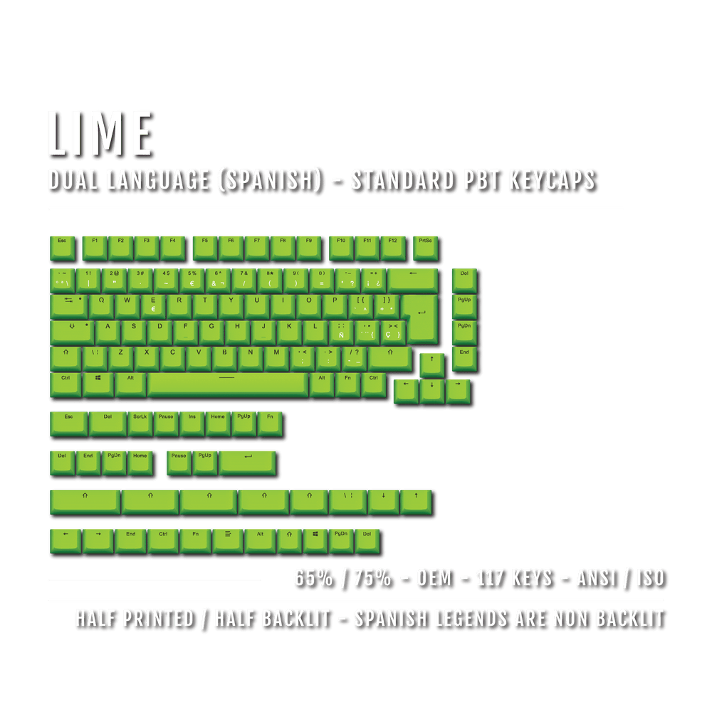 Lime PBT Spanish Keycaps - ISO-ES - 65/75% Sizes - Dual Language Keycaps - kromekeycaps