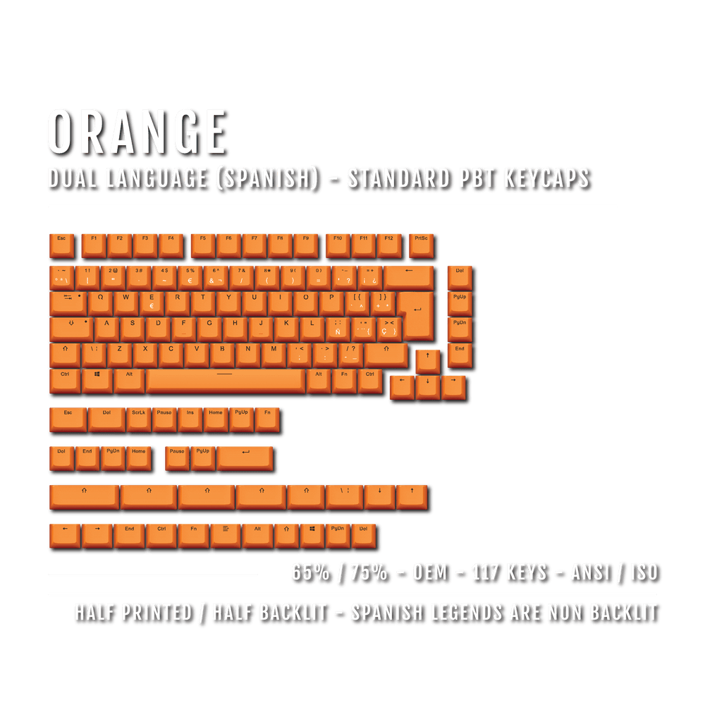 Orange PBT Spanish Keycaps - ISO-ES - 65/75% Sizes - Dual Language Keycaps - kromekeycaps