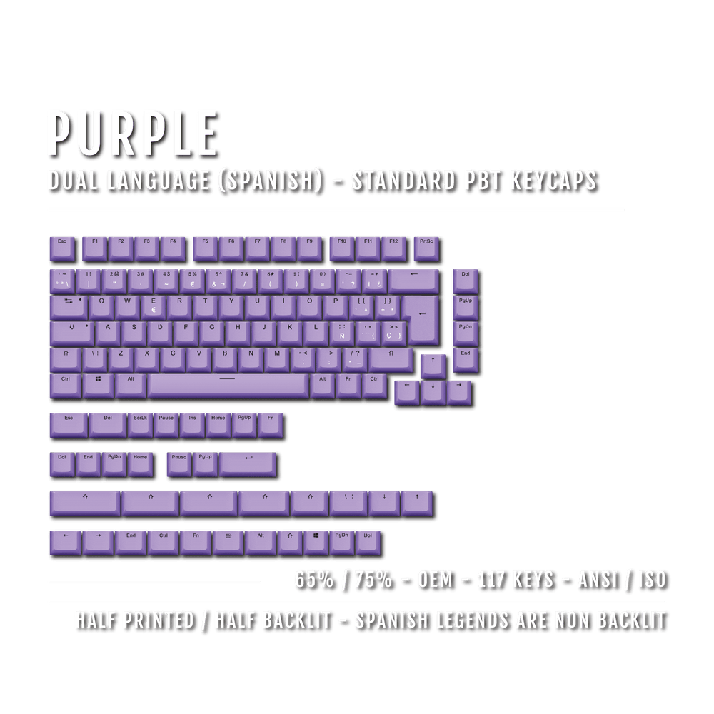 Purple PBT Spanish Keycaps - ISO-ES - 65/75% Sizes - Dual Language Keycaps - kromekeycaps