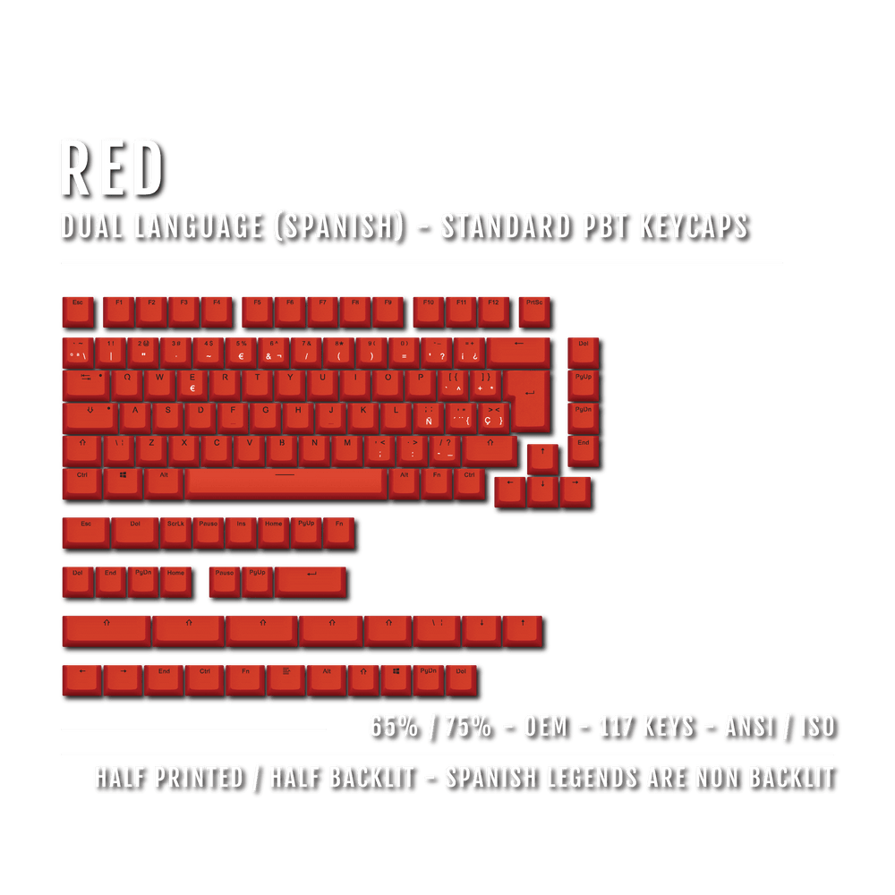 Red PBT Spanish Keycaps - ISO-ES - 65/75% Sizes - Dual Language Keycaps - kromekeycaps