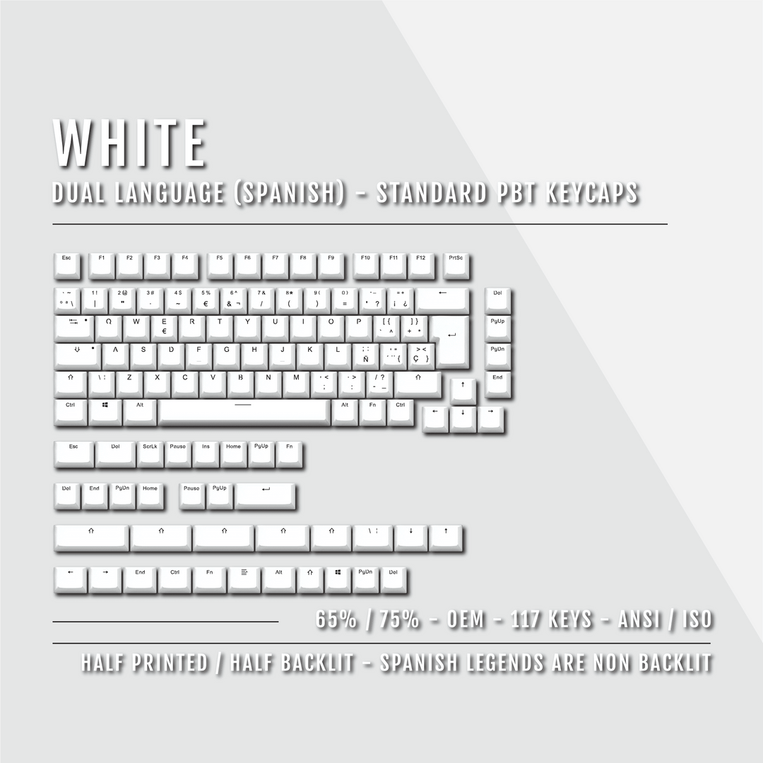 White PBT Spanish Keycaps - ISO-ES - 65/75% Sizes - Dual Language Keycaps - kromekeycaps