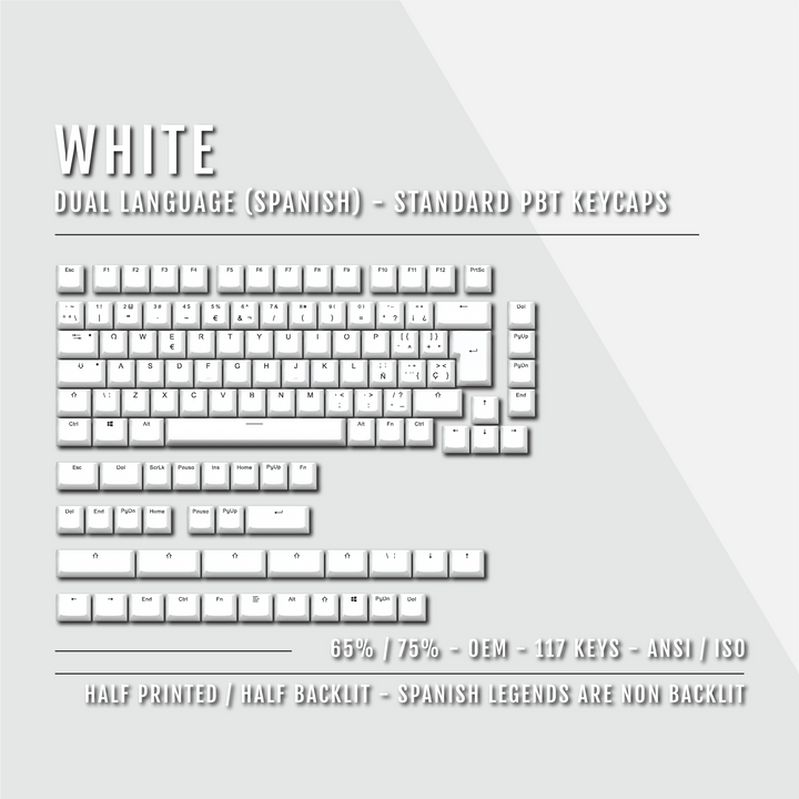 White PBT Spanish Keycaps - ISO-ES - 65/75% Sizes - Dual Language Keycaps - kromekeycaps