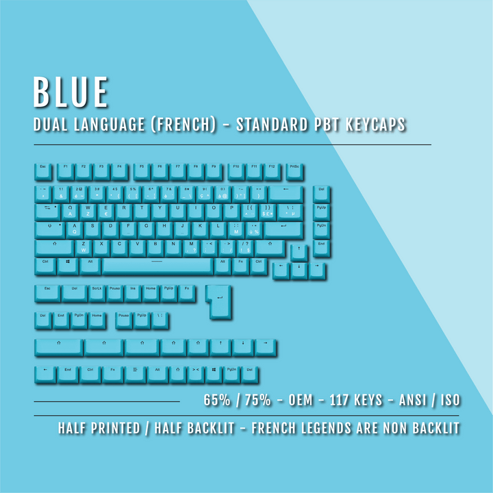Blue French (ISO-FR) Dual Language PBT Keycaps - 65/75% Krome Keycaps LTD french